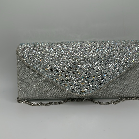 Silver rhinestone sparkling evening prom small clutch chain purse - Picture 3 of 9